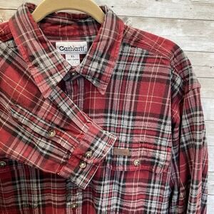 Vintage‎ Carhartt Mens XL Shirt Flannel Red Plaid Outdoor Workwear Leather Tag